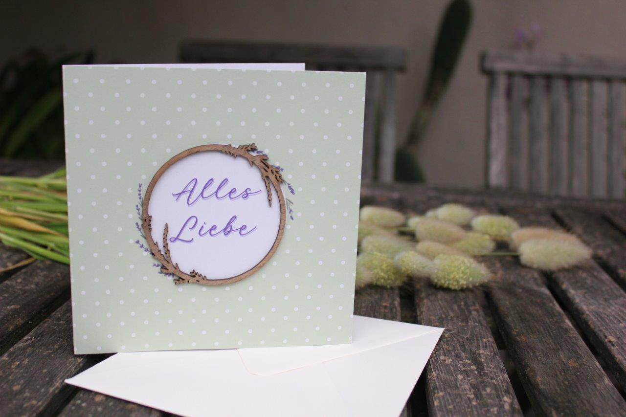 Original Holzgrusskarte - Geschenkkarte für eine besondere Überraschung oder als Dankeschön, Motiv "Lavendel-Ring", Freundschaft, Liebe, Billet, Glückwunschkarte, Postkarte