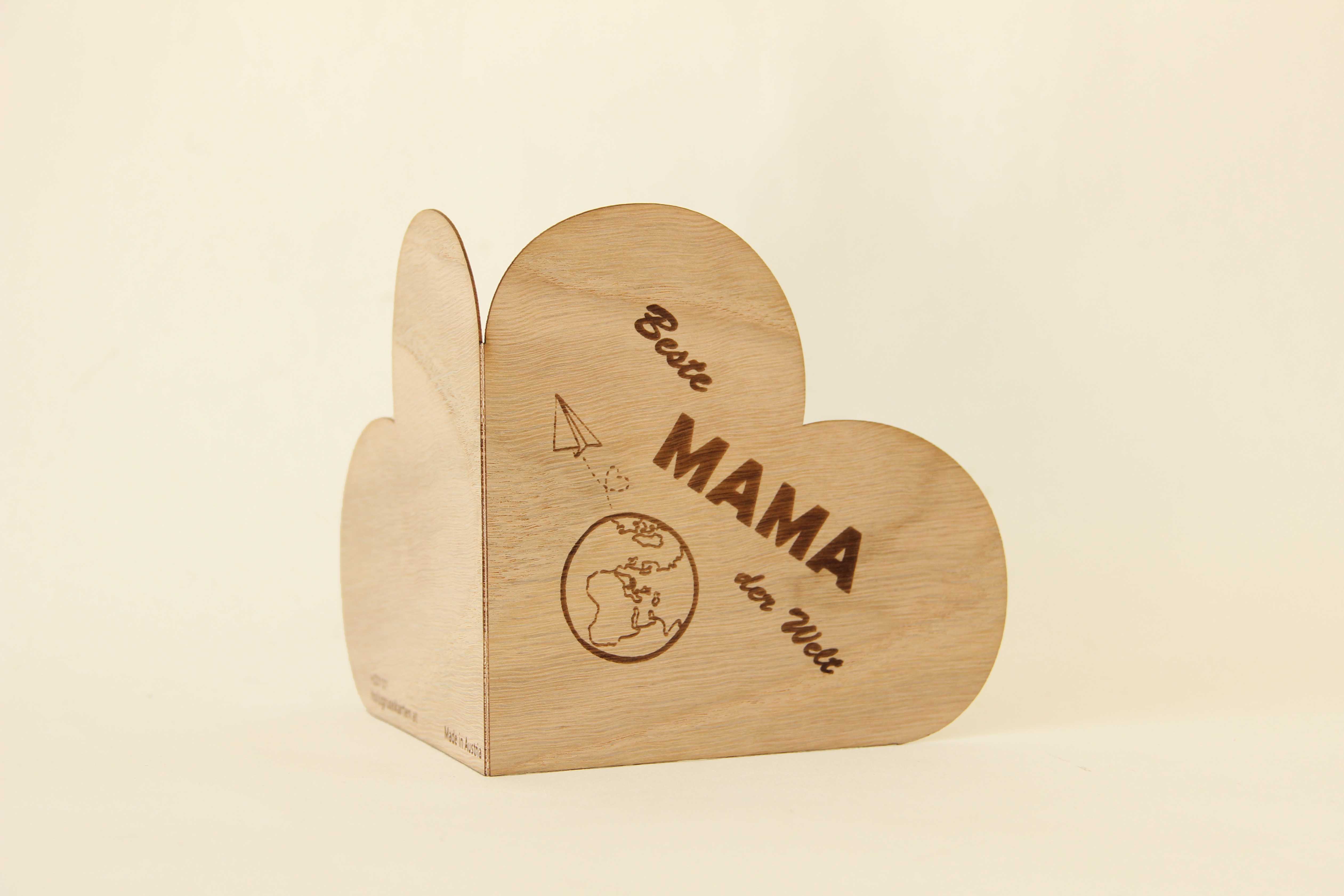 Holzgrusskarten - Herzkarte "Beste Mama der Welt" aus Eiche, Globus, Erde, Papierflieger, Dankeskarte, Geschenkkarte