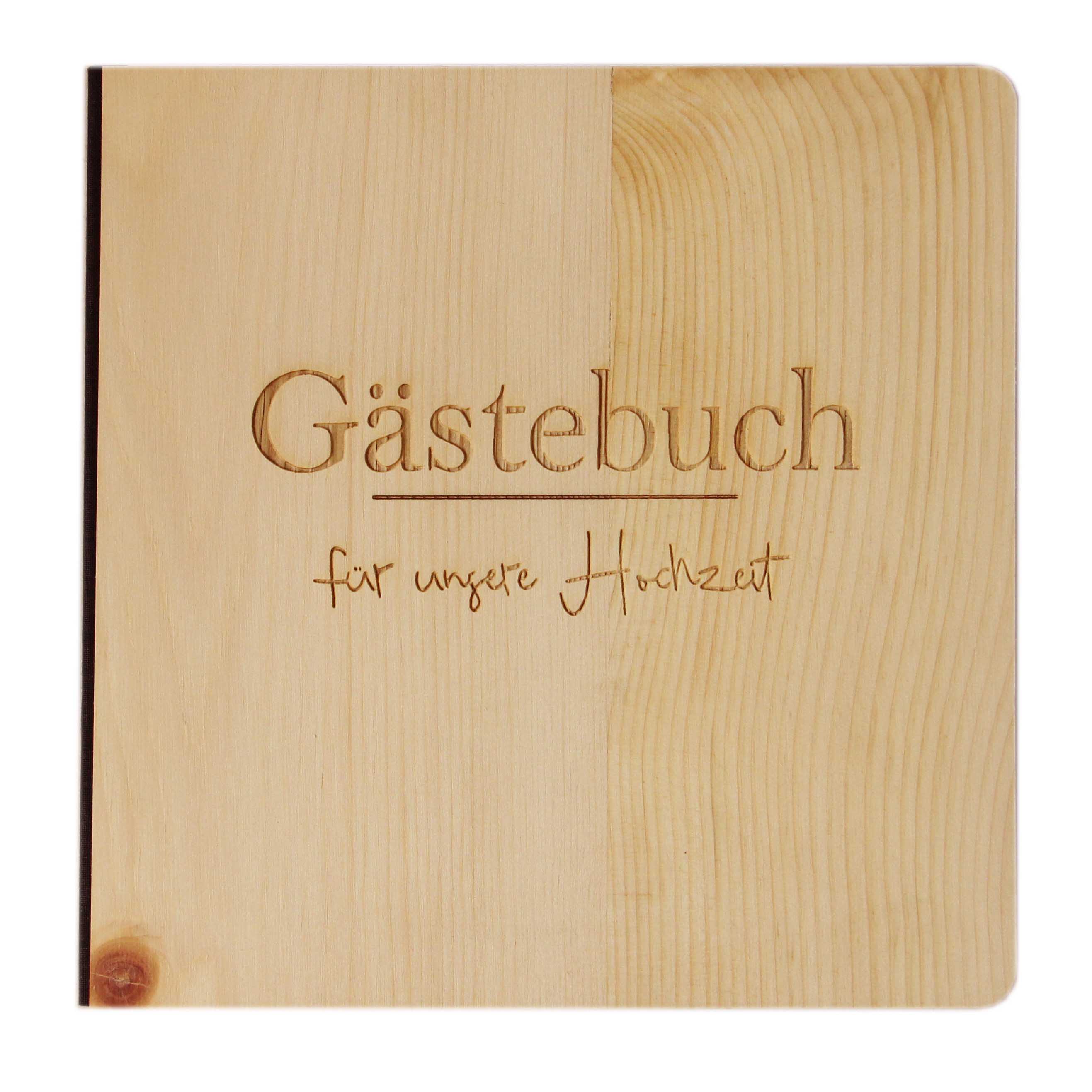 Holzgrusskarten - Gästebuch Zirbe mit Schriftzug Gästebuch für unsere Hochzeit
