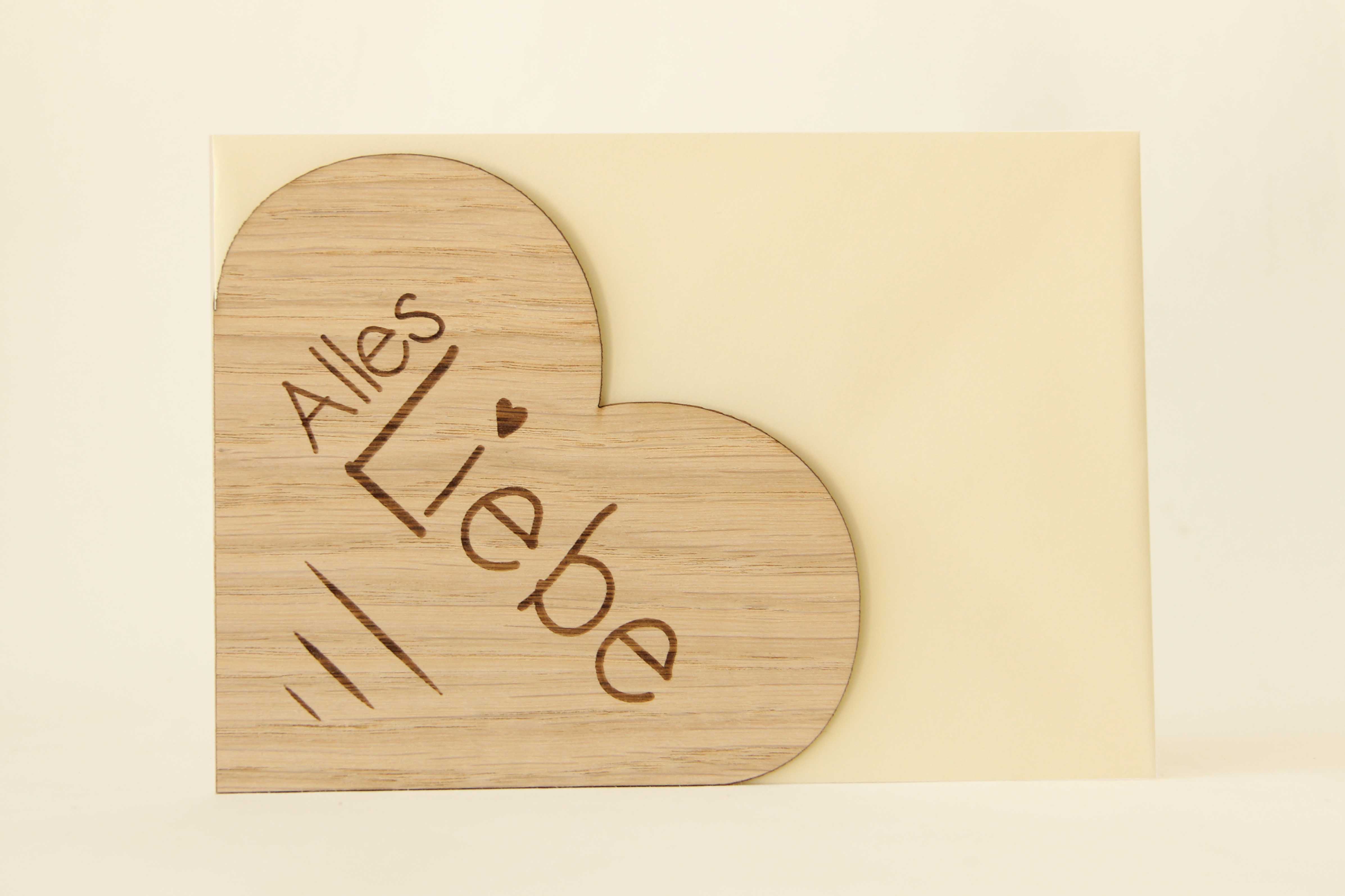Holzgrusskarten - Herzkarte "Alles Liebe" aus Eiche, Herz, Dankeskarte, Geschenkkarte