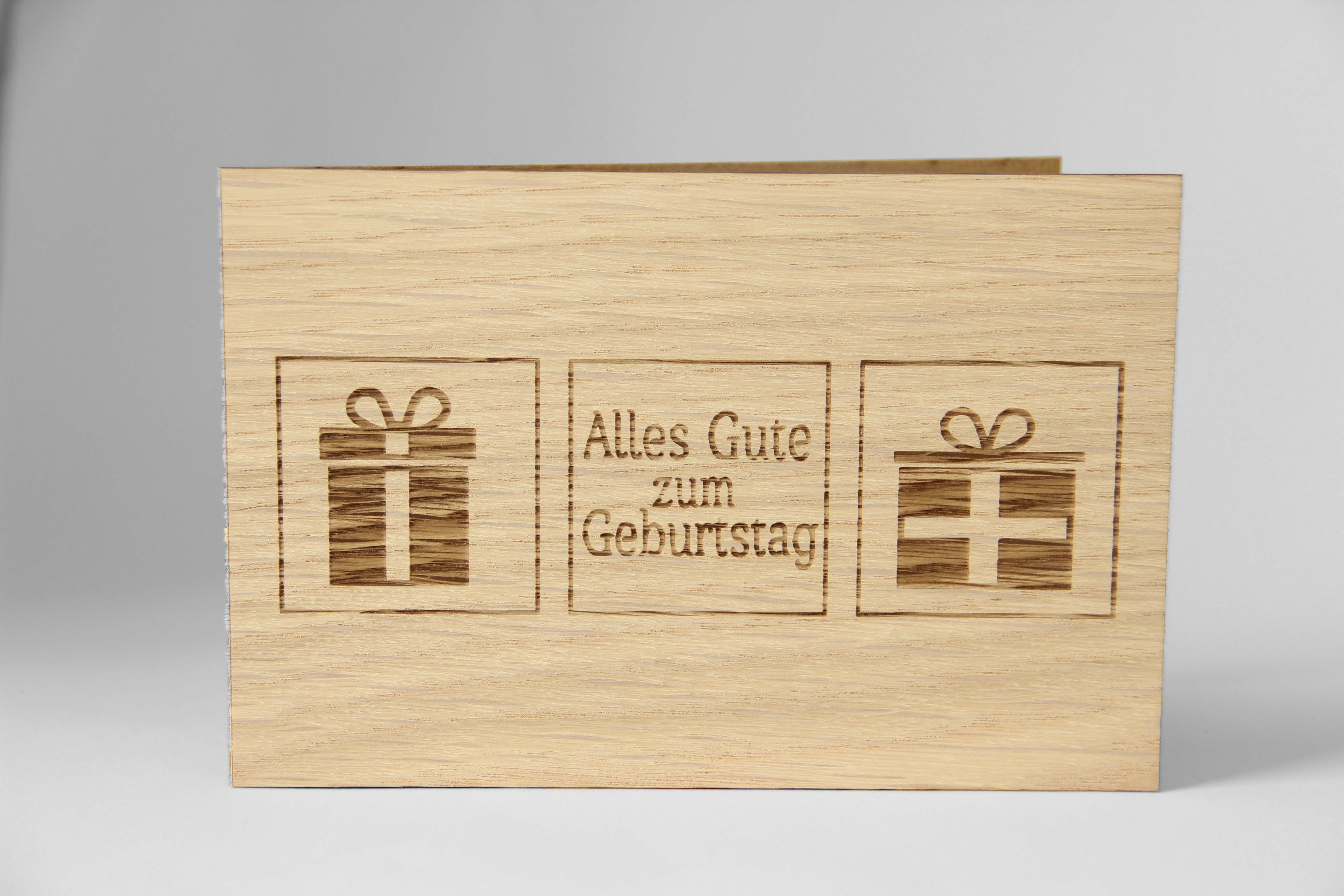 Holzgrusskarten - Geburtstagskarte "Alles Gute zum Geburtstag" mit Geschenkpaketen, aus Eiche